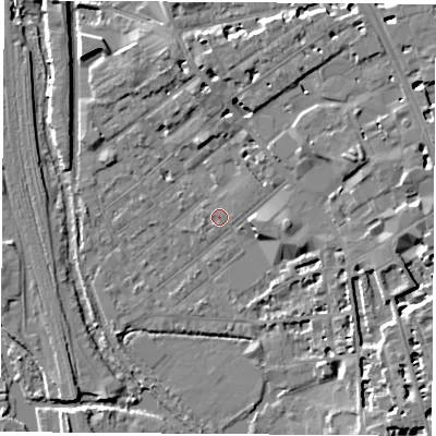 Shaded relief map of the ground around OX26BN, computed from Environment Agency LiDAR. The ground here sits at about 58 m above sea level and falls 9 m across the surrounding 800 m. Surface water reaching this point runs off ground lying to the north-east, 2.0 m higher.