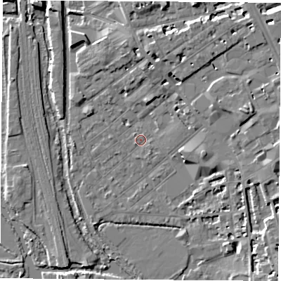 Shaded relief map of the ground around OX26BP, computed from Environment Agency LiDAR. The ground here sits at about 58 m above sea level and falls 8 m across the surrounding 800 m. Surface water reaching this point runs off ground lying to the east-north-east, 7.6 m higher.