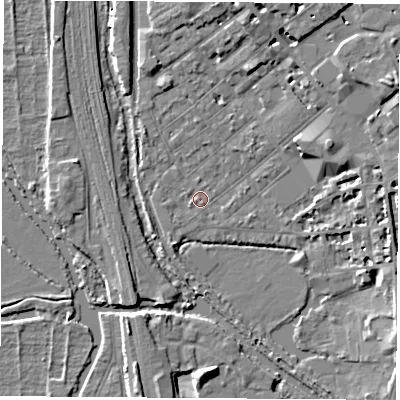 Shaded relief map of the ground around OX26BQ, computed from Environment Agency LiDAR. The ground here sits at about 58 m above sea level and falls 9 m across the surrounding 800 m. Surface water reaching this point runs off ground lying to the south-east, 0.9 m higher.