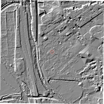 Shaded relief map of the ground around OX26BT, computed from Environment Agency LiDAR. The ground here sits at about 58 m above sea level and falls 9 m across the surrounding 800 m. Surface water reaching this point runs off ground lying to the north-north-east, 0.6 m higher.