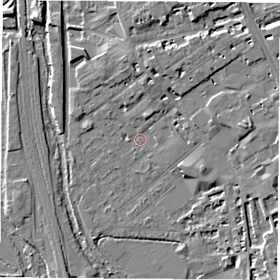 Shaded relief map of the ground around OX26BU, computed from Environment Agency LiDAR. The ground here sits at about 58 m above sea level and falls 8 m across the surrounding 800 m. Surface water reaching this point runs off ground lying to the east, 7.6 m higher.