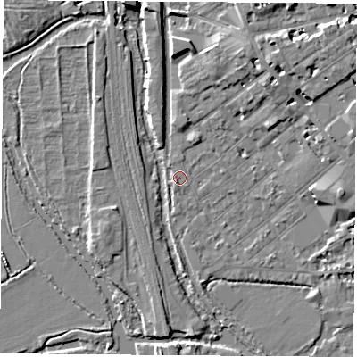 Shaded relief map of the ground around OX26BZ, computed from Environment Agency LiDAR. The ground here sits at about 58 m above sea level and falls 9 m across the surrounding 800 m. Surface water reaching this point runs off ground lying to the south-west, 1.4 m higher.