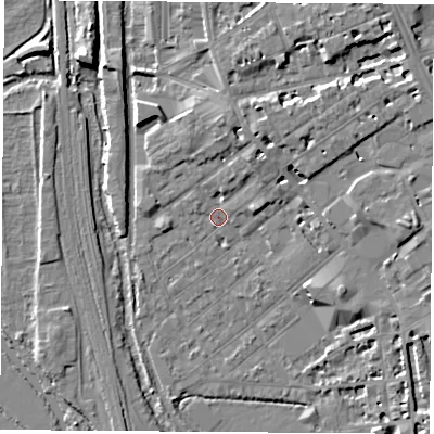 Shaded relief map of the ground around OX26DG, computed from Environment Agency LiDAR. The ground here sits at about 58 m above sea level and falls 8 m across the surrounding 800 m. Surface water reaching this point runs off ground lying to the north-north-east, 5.6 m higher.