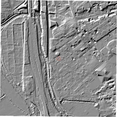Shaded relief map of the ground around OX26DH, computed from Environment Agency LiDAR. The ground here sits at about 58 m above sea level and falls 8 m across the surrounding 800 m. Surface water reaching this point runs off ground lying to the north-north-east, 5.6 m higher.