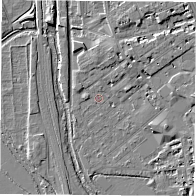 Shaded relief map of the ground around OX26DQ, computed from Environment Agency LiDAR. The ground here sits at about 58 m above sea level and falls 8 m across the surrounding 800 m. Surface water reaching this point runs off ground lying to the north-north-east, 5.6 m higher.