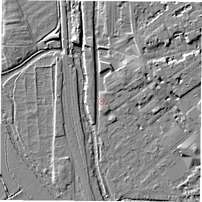 Shaded relief map of the ground around OX26DU, computed from Environment Agency LiDAR. The ground here sits at about 58 m above sea level and falls 9 m across the surrounding 800 m. Surface water reaching this point runs off ground lying to the north-east, 5.7 m higher.