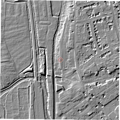 Shaded relief map of the ground around OX26RE, computed from Environment Agency LiDAR. The ground here sits at about 60 m above sea level and falls 8 m across the surrounding 800 m. Surface water reaching this point runs off ground lying to the north-east, 3.5 m higher.