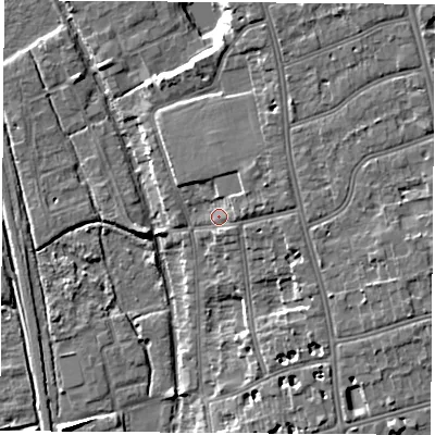 Shaded relief map of the ground around OX26TG, computed from Environment Agency LiDAR. The ground here sits at about 61 m above sea level and falls 10 m across the surrounding 800 m. Surface water reaching this point runs off ground lying to the east-north-east, 3.6 m higher.