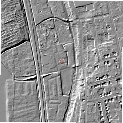 Shaded relief map of the ground around OX26XN, computed from Environment Agency LiDAR. The ground here sits at about 58 m above sea level and falls 8 m across the surrounding 800 m. Surface water reaching this point runs off ground lying to the north-east, 1.0 m higher.