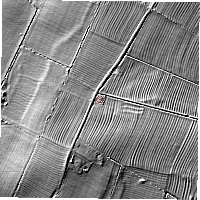 Shaded relief map of the ground around OX270AQ, computed from Environment Agency LiDAR. The ground here sits at about 65 m above sea level and falls 6 m across the surrounding 800 m. Surface water reaching this point runs off ground lying to the south-south-west, 3.8 m higher.