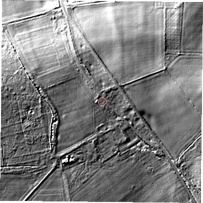 Shaded relief map of the ground around OX278RS, computed from Environment Agency LiDAR. The ground here sits at about 120 m above sea level and falls 12 m across the surrounding 800 m. Surface water reaching this point runs off ground lying to the west, 1.1 m higher.