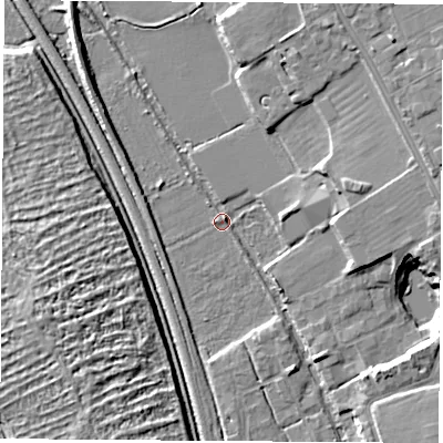 Shaded relief map of the ground around OX27AH, computed from Environment Agency LiDAR. The ground here sits at about 58 m above sea level and falls 8 m across the surrounding 800 m. Surface water reaching this point runs off ground lying to the east-north-east, 7.3 m higher.