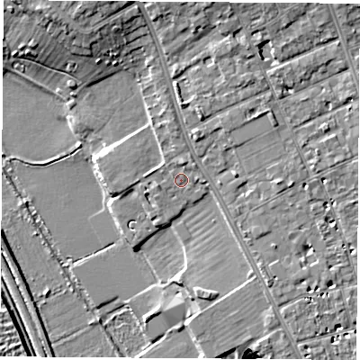 Shaded relief map of the ground around OX27NZ, computed from Environment Agency LiDAR. The ground here sits at about 62 m above sea level and falls 11 m across the surrounding 800 m. Surface water reaching this point runs off ground lying to the north, 1.4 m higher.