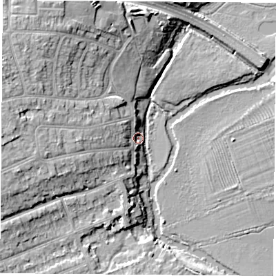Shaded relief map of the ground around OX27QT, computed from Environment Agency LiDAR. The ground here sits at about 58 m above sea level and falls 14 m across the surrounding 800 m. Surface water reaching this point runs off ground lying to the west-north-west, 13.6 m higher.