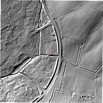 Shaded relief map of the ground around OX281AJ, computed from Environment Agency LiDAR. The ground here sits at about 89 m above sea level and falls 23 m across the surrounding 800 m. Surface water reaching this point runs off ground lying to the east-north-east, 2.2 m higher.