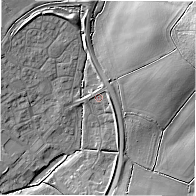 Shaded relief map of the ground around OX281AT, computed from Environment Agency LiDAR. The ground here sits at about 90 m above sea level and falls 22 m across the surrounding 800 m. Surface water reaching this point runs off ground lying to the north-east, 1.8 m higher.