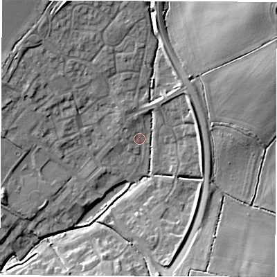 Shaded relief map of the ground around OX281BS, computed from Environment Agency LiDAR. The ground here sits at about 88 m above sea level and falls 20 m across the surrounding 800 m. Surface water reaching this point runs off ground lying to the north-north-west, 1.8 m higher.