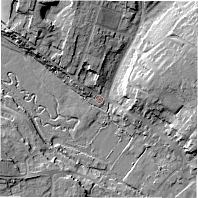 Shaded relief map of the ground around OX281HB, computed from Environment Agency LiDAR. The ground here sits at about 82 m above sea level and falls 18 m across the surrounding 800 m. Surface water reaching this point runs off ground lying to the north-north-west, 6.9 m higher.