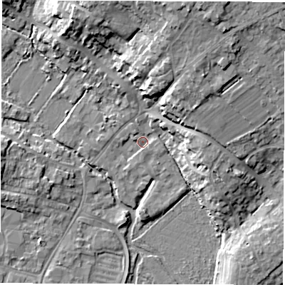 Shaded relief map of the ground around OX281YH, computed from Environment Agency LiDAR. The ground here sits at about 81 m above sea level and falls 16 m across the surrounding 800 m. Surface water reaching this point runs off ground lying to the north-north-east, 14.5 m higher.