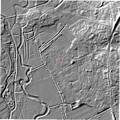 Shaded relief map of the ground around OX283XU, computed from Environment Agency LiDAR. The ground here sits at about 80 m above sea level and falls 19 m across the surrounding 800 m. Surface water reaching this point runs off ground lying to the east-south-east, 2.3 m higher.