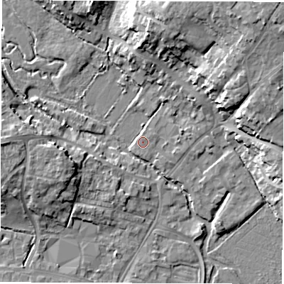 Shaded relief map of the ground around OX284BS, computed from Environment Agency LiDAR. The ground here sits at about 82 m above sea level and falls 16 m across the surrounding 800 m. Surface water reaching this point runs off ground lying to the north-east, 14.8 m higher.