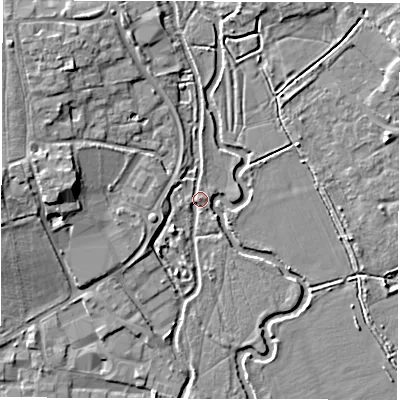 Shaded relief map of the ground around OX284DG, computed from Environment Agency LiDAR. The ground here sits at about 80 m above sea level and falls 8 m across the surrounding 800 m. Surface water reaching this point runs off ground lying to the east-north-east, 1.4 m higher.