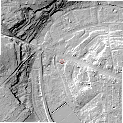 Shaded relief map of the ground around OX284DS, computed from Environment Agency LiDAR. The ground here sits at about 80 m above sea level and falls 20 m across the surrounding 800 m. Surface water reaching this point runs off ground lying to the east-south-east, 1.8 m higher.