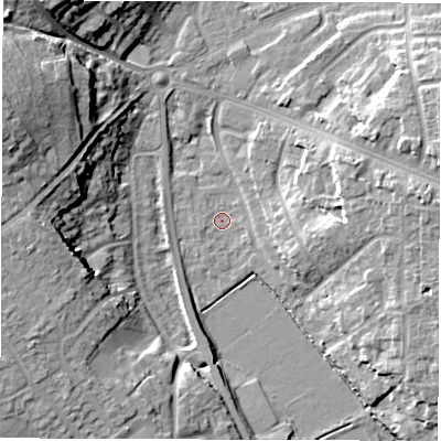 Shaded relief map of the ground around OX284DX, computed from Environment Agency LiDAR. The ground here sits at about 79 m above sea level and falls 19 m across the surrounding 800 m. Surface water reaching this point runs off ground lying to the west-north-west, 18.2 m higher.