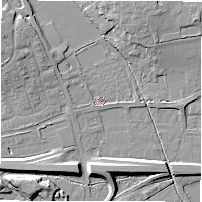Shaded relief map of the ground around OX284EG, computed from Environment Agency LiDAR. The ground here sits at about 78 m above sea level and falls 10 m across the surrounding 800 m. Surface water reaching this point runs off ground lying to the east, 2.1 m higher.