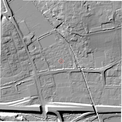 Shaded relief map of the ground around OX284EQ, computed from Environment Agency LiDAR. The ground here sits at about 78 m above sea level and falls 10 m across the surrounding 800 m. Surface water reaching this point runs off ground lying to the west, 3.1 m higher.