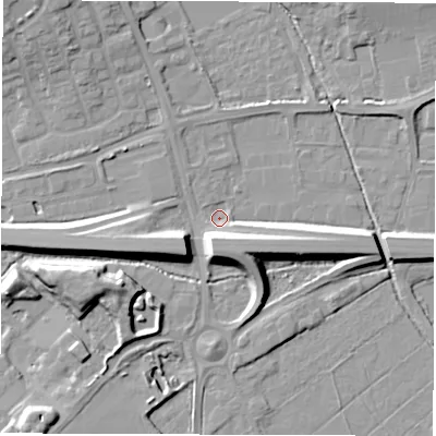 Shaded relief map of the ground around OX284TJ, computed from Environment Agency LiDAR. The ground here sits at about 79 m above sea level and falls 10 m across the surrounding 800 m. Surface water reaching this point runs off ground lying to the south-south-east, 7.9 m higher.
