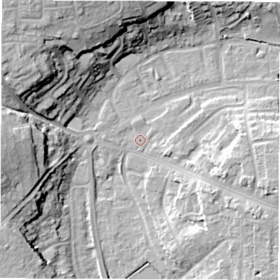 Shaded relief map of the ground around OX286BZ, computed from Environment Agency LiDAR. The ground here sits at about 80 m above sea level and falls 21 m across the surrounding 800 m. Surface water reaching this point runs off ground lying to the east-south-east, 2.4 m higher.