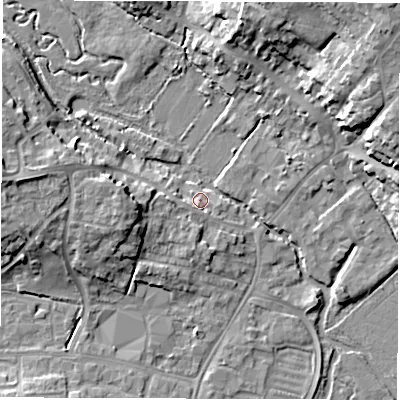 Shaded relief map of the ground around OX286DD, computed from Environment Agency LiDAR. The ground here sits at about 82 m above sea level and falls 16 m across the surrounding 800 m. Surface water reaching this point runs off ground lying to the west-south-west, 2.0 m higher.