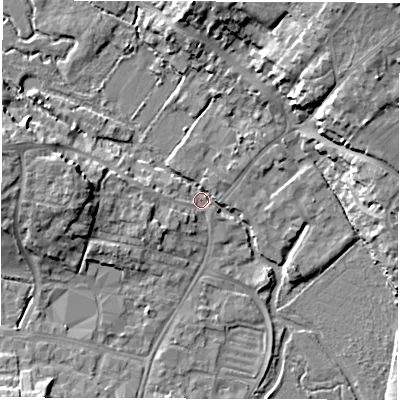 Shaded relief map of the ground around OX286DF, computed from Environment Agency LiDAR. The ground here sits at about 81 m above sea level and falls 15 m across the surrounding 800 m. Surface water reaching this point runs off ground lying to the north-east, 13.8 m higher.
