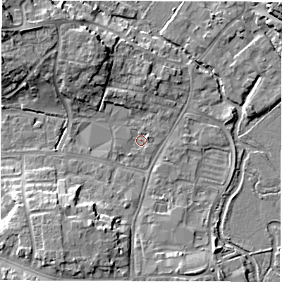 Shaded relief map of the ground around OX286ER, computed from Environment Agency LiDAR. The ground here sits at about 80 m above sea level and falls 12 m across the surrounding 800 m. Surface water reaching this point runs off ground lying to the north-north-west, 7.6 m higher.