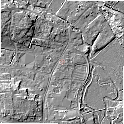 Shaded relief map of the ground around OX286EU, computed from Environment Agency LiDAR. The ground here sits at about 81 m above sea level and falls 12 m across the surrounding 800 m. Surface water reaching this point runs off ground lying to the north-north-west, 3.1 m higher.