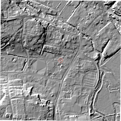 Shaded relief map of the ground around OX286FA, computed from Environment Agency LiDAR. The ground here sits at about 80 m above sea level and falls 13 m across the surrounding 800 m. Surface water reaching this point runs off ground lying to the north-north-west, 7.3 m higher.