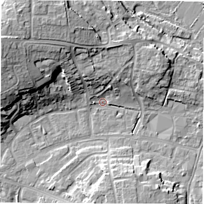 Shaded relief map of the ground around OX286FU, computed from Environment Agency LiDAR. The ground here sits at about 80 m above sea level and falls 20 m across the surrounding 800 m. Surface water reaching this point runs off ground lying to the west-north-west, 19.6 m higher.