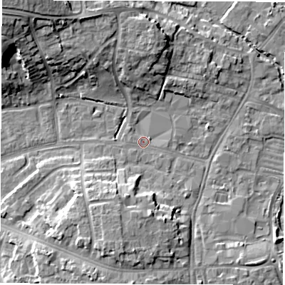 Shaded relief map of the ground around OX286FW, computed from Environment Agency LiDAR. The ground here sits at about 80 m above sea level and falls 15 m across the surrounding 800 m. Surface water reaching this point runs off ground lying to the south, 8.8 m higher.
