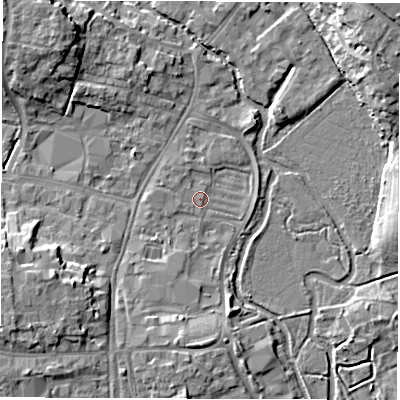 Shaded relief map of the ground around OX286FY, computed from Environment Agency LiDAR. The ground here sits at about 80 m above sea level and falls 11 m across the surrounding 800 m. Surface water reaching this point runs off ground lying to the west, 0.7 m higher.
