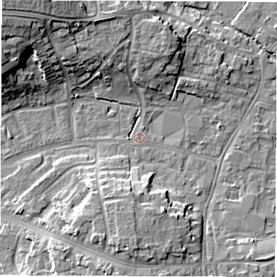 Shaded relief map of the ground around OX286FZ, computed from Environment Agency LiDAR. The ground here sits at about 80 m above sea level and falls 16 m across the surrounding 800 m. Surface water reaching this point runs off ground lying to the south, 9.4 m higher.
