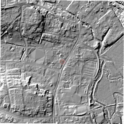 Shaded relief map of the ground around OX286HP, computed from Environment Agency LiDAR. The ground here sits at about 80 m above sea level and falls 11 m across the surrounding 800 m. Surface water reaching this point runs off ground lying to the north, 3.3 m higher.