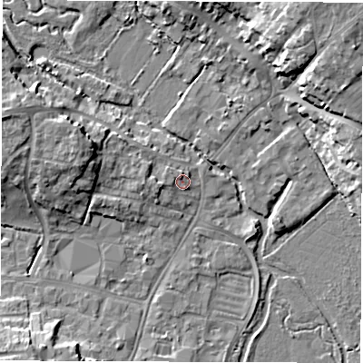 Shaded relief map of the ground around OX286HY, computed from Environment Agency LiDAR. The ground here sits at about 82 m above sea level and falls 14 m across the surrounding 800 m. Surface water reaching this point runs off ground lying to the west, 1.4 m higher.