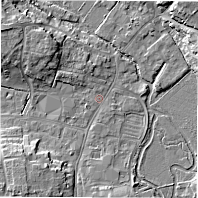 Shaded relief map of the ground around OX286JA, computed from Environment Agency LiDAR. The ground here sits at about 81 m above sea level and falls 13 m across the surrounding 800 m. Surface water reaching this point runs off ground lying to the north-north-west, 3.0 m higher.