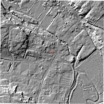 Shaded relief map of the ground around OX286JB, computed from Environment Agency LiDAR. The ground here sits at about 82 m above sea level and falls 14 m across the surrounding 800 m. Surface water reaching this point runs off ground lying to the west-north-west, 2.4 m higher.