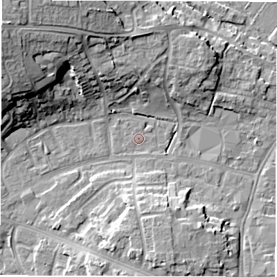 Shaded relief map of the ground around OX286JJ, computed from Environment Agency LiDAR. The ground here sits at about 80 m above sea level and falls 19 m across the surrounding 800 m. Surface water reaching this point runs off ground lying to the north, 10.0 m higher.