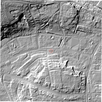 Shaded relief map of the ground around OX286JN, computed from Environment Agency LiDAR. The ground here sits at about 80 m above sea level and falls 18 m across the surrounding 800 m. Surface water reaching this point runs off ground lying to the south, 2.6 m higher.
