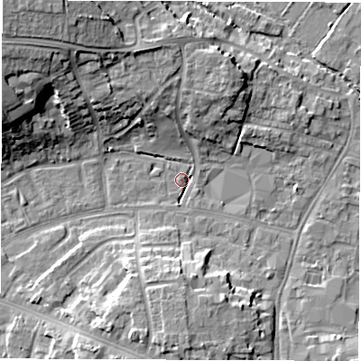 Shaded relief map of the ground around OX286JS, computed from Environment Agency LiDAR. The ground here sits at about 80 m above sea level and falls 16 m across the surrounding 800 m. Surface water reaching this point runs off ground lying to the north-north-west, 10.0 m higher.