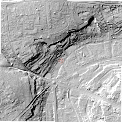 Shaded relief map of the ground around OX286LQ, computed from Environment Agency LiDAR. The ground here sits at about 80 m above sea level and falls 21 m across the surrounding 800 m. Surface water reaching this point runs off ground lying to the north-west, 19.6 m higher.