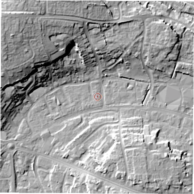 Shaded relief map of the ground around OX286LS, computed from Environment Agency LiDAR. The ground here sits at about 80 m above sea level and falls 20 m across the surrounding 800 m. Surface water reaching this point runs off ground lying to the south-south-east, 9.6 m higher.